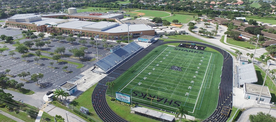 An aerial view of Gulf Coast High School and their football field in Naples