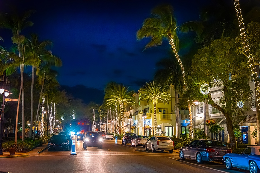 Street in Downtown Naples, Florida at night