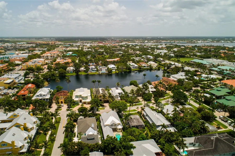 Aerial view from a drone of great real estate investing properties in Downtown Naples, Florida